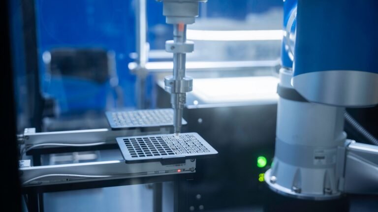 AI Crown Design: Better Than a Master Technician? Close-up of robotic arm automating lab processes with precision.