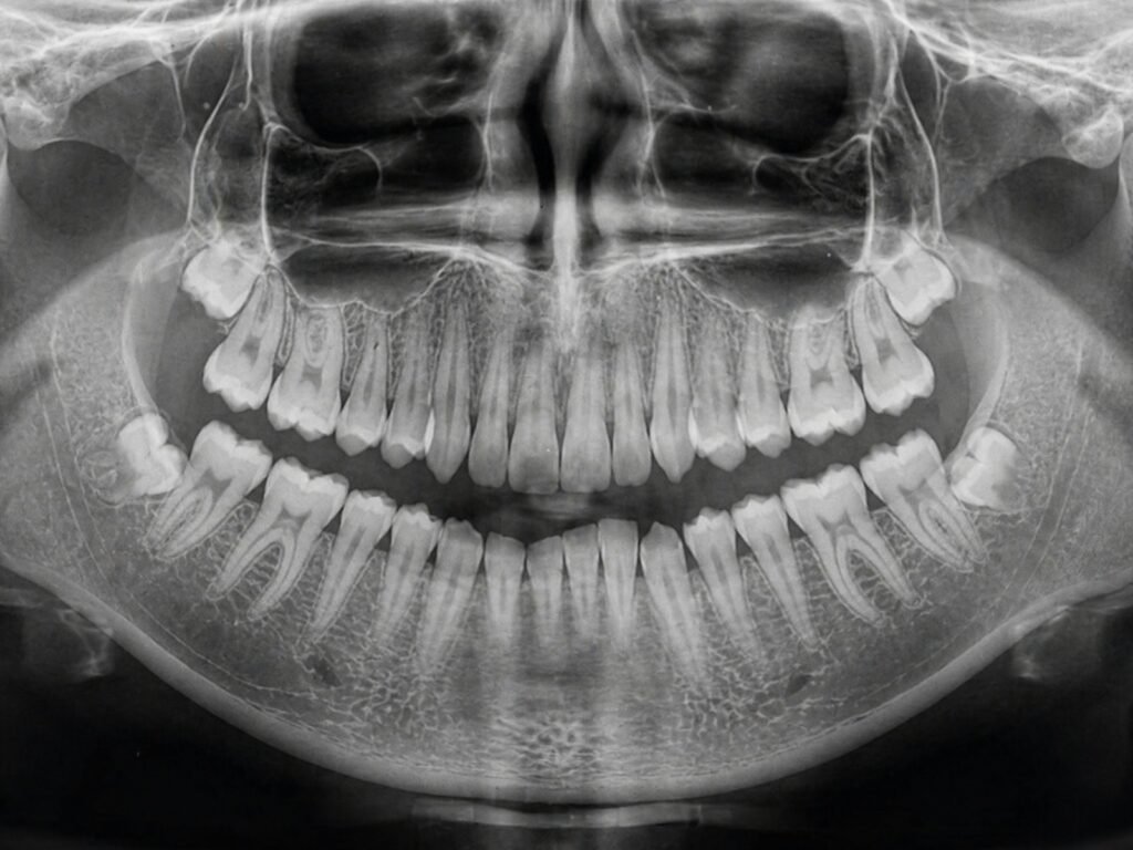 Carotid Calcification: Can a Dental X-Ray Flag Stroke Risk? Panoramic dental x-ray showing teeth and jawbone